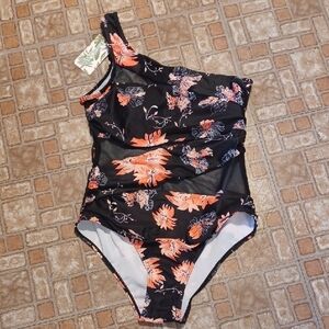 Floral One-Shoulder Swim One Piece Runtilly Size Large New With Tags